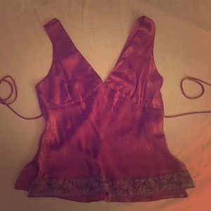 Pink Fuchsia Tank Top Satin Silk Feel Embroidered